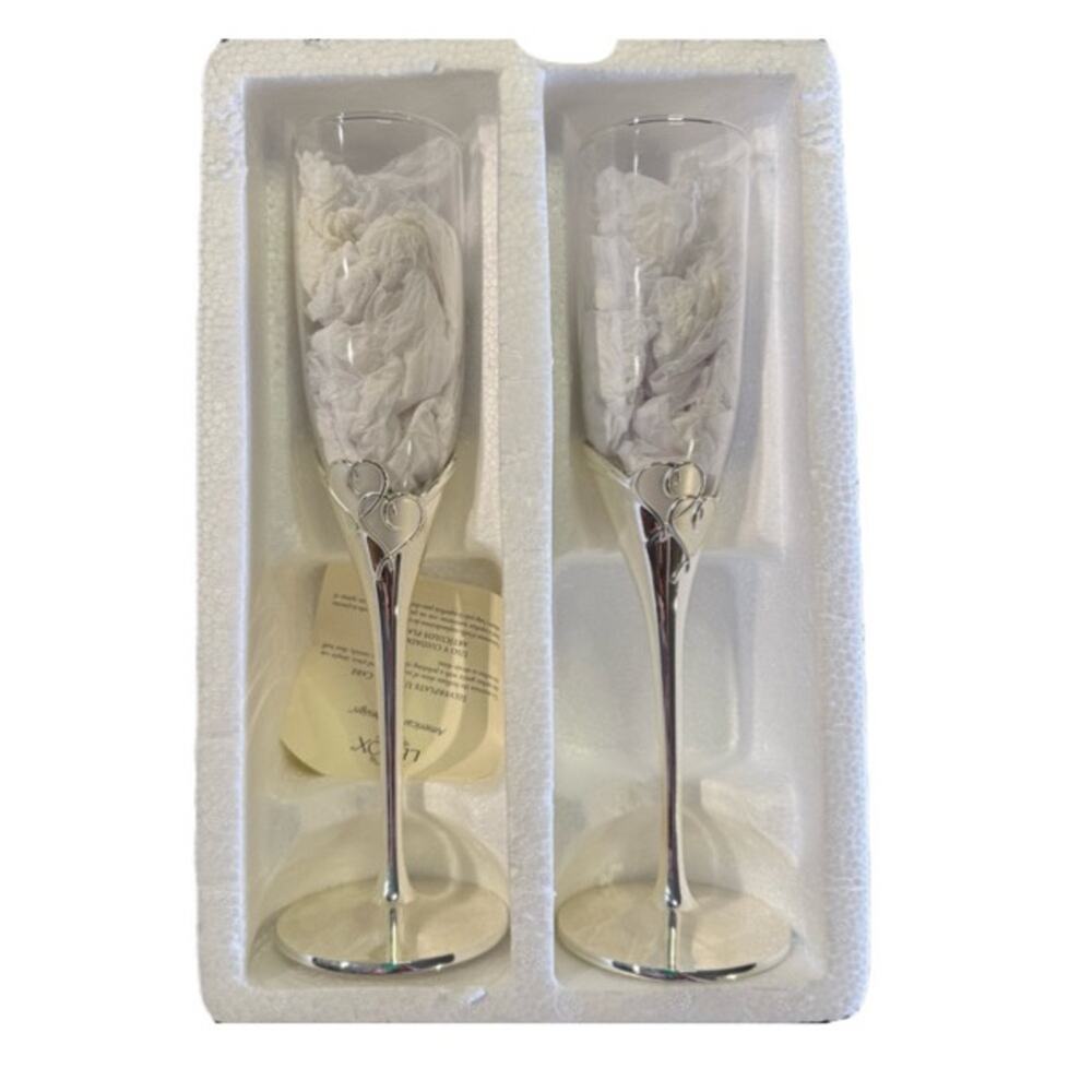Lenox Silver Champagne Flutes with Interlaced Hearts Elegant Dining Drinkware